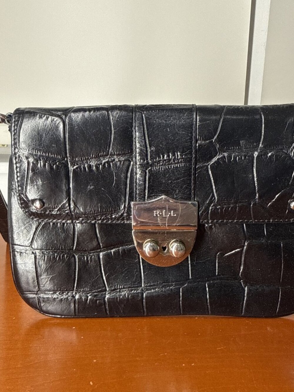 Ralph Lauren Black Crocodile Leather Clutch Case Bag Wallet Pouch
